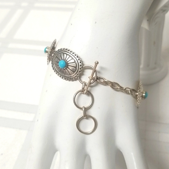 TURQUOISE & 925 STERLING SILVER CONCHO BRACELET, 7"- 8.5" EUC J#59 - Picture 3 of 7